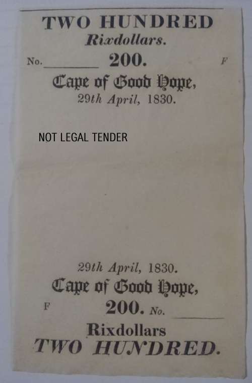 RARE - 29 APRIL 1830 - 200 RIX-DOLLARS - CAPE OF GOOD HOPE - UNC