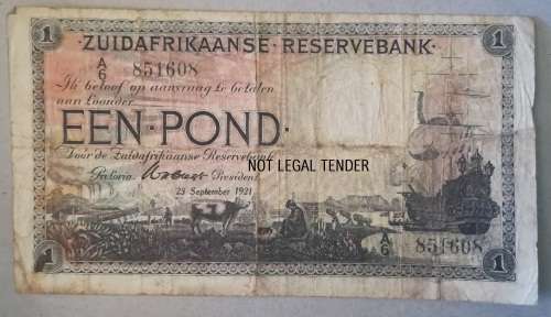 FIRST SA POUND - 23 SEPTEMBER 1921 - SOUTH AFRICA 1 POUND/POND NOTE - WH. CLEGG