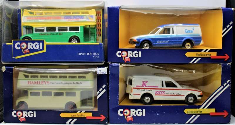 Corgi - 4x Vehicles - 2x Ford Escort Vans & 2x Open Top Bus