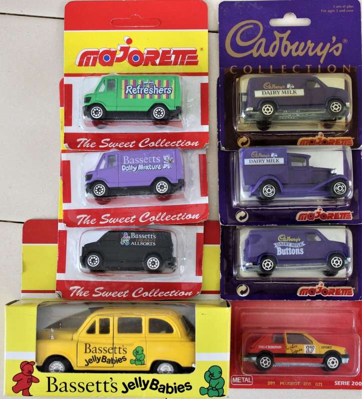 Majorette - 8x Sweet Related Vehicles, Cadbury Dairy Milk, Bassets - Scale varies