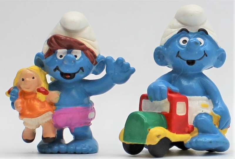 20446 & 20447 - Smurf Child with Doll & Smurf Child on Truck - Hand-Painted Originals