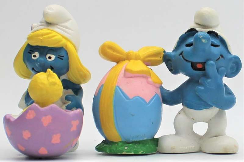 20489 & 20490 - Smurfette with Chick & Smurf with Easter Egg - Hand-Painted Originals