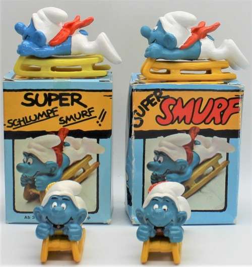 40201 - 4x Bobsled SuperSmurfs - Including Scarce `Yellow Scarf` Variety - Two Boxed
