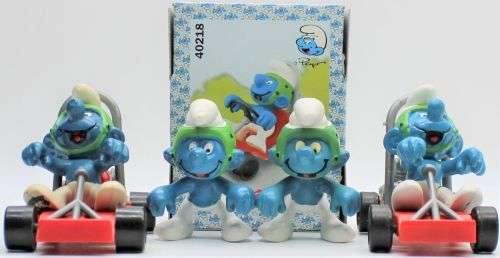 40218 - 5x Different Go-Cart SuperSmurfs - Hand-Painted Originals - Only Boxed One is Complete