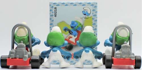 40218 - 5x Different Go-Cart SuperSmurfs - Hand-Painted Originals - Only Boxed One is Complete