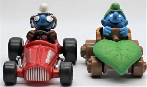 40255 and 40264 - SuperSmurfs - Red Racing Car and Wild in Leaf Car - Hand-Painted Originals