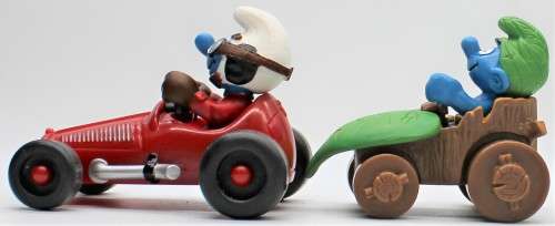 40255 and 40264 - SuperSmurfs - Red Racing Car and Wild in Leaf Car - Hand-Painted Originals