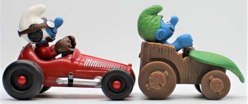 40255 and 40264 - SuperSmurfs - Red Racing Car and Wild in Leaf Car - Hand-Painted Originals