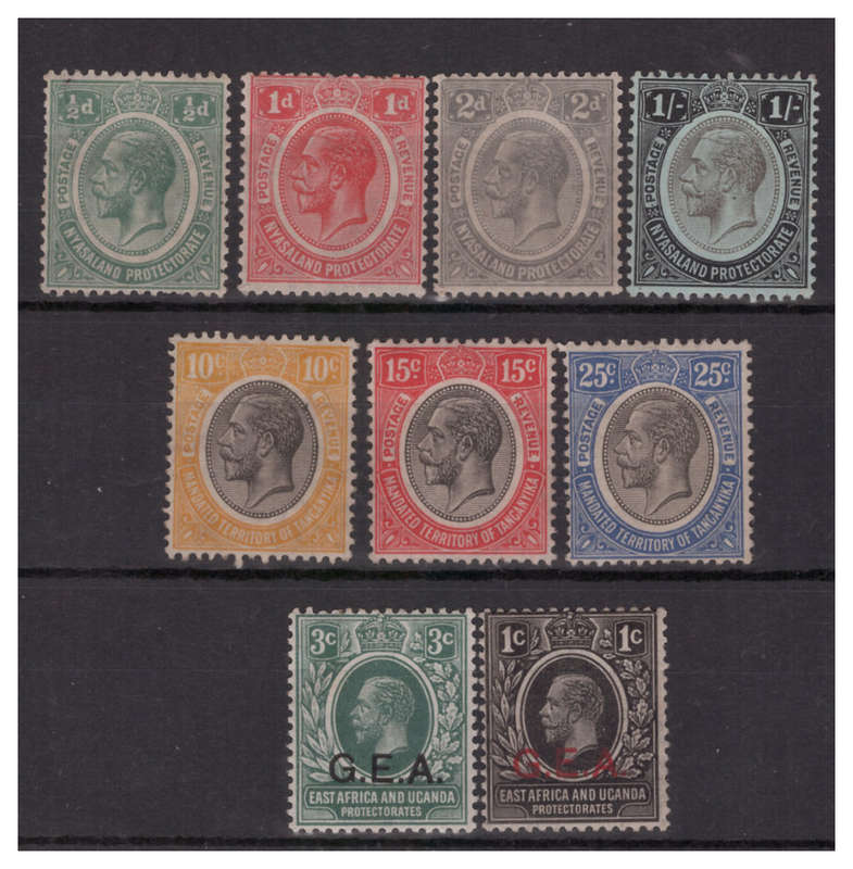 Nyasaland, Tanganyika & German East Africa - GEA Overprint - 9x George V Unused Singles