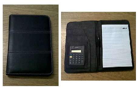 Memo pad folder with calculator, memopad and pen. Free keyring