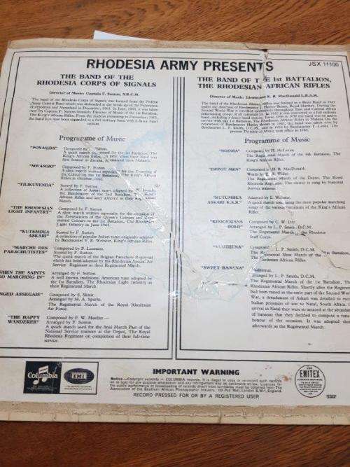 Record of Rhodesian Marches LP. The Rhodesian Army Presents.