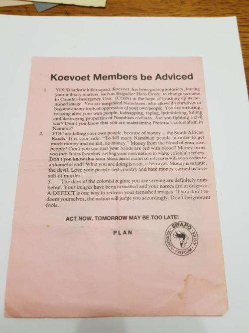 Bush War SWAPO Propaganda leaflet opposing Koevoet. Very Scarce.