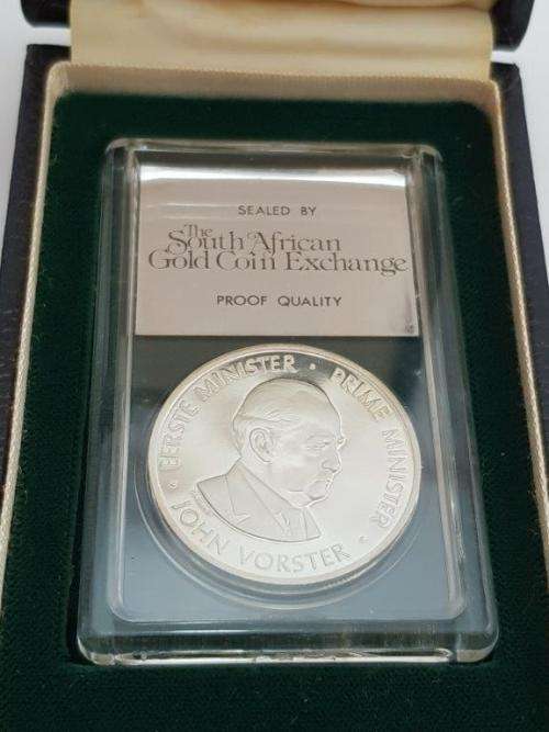 John Vorster 30 Years of The National Party silver coin is SA Gold Coin Exchange box
