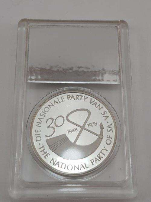 John Vorster 30 Years of The National Party silver coin is SA Gold Coin Exchange box