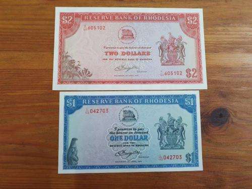 Rhodesian $1 and $2 Bank Notes. Uncirculated, please see pictures for condition.