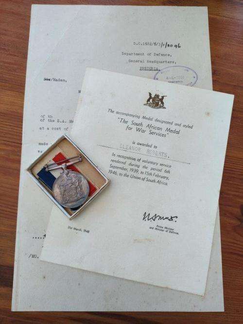 South African WWII War Services Medal with Certificate to Elanore Roberts