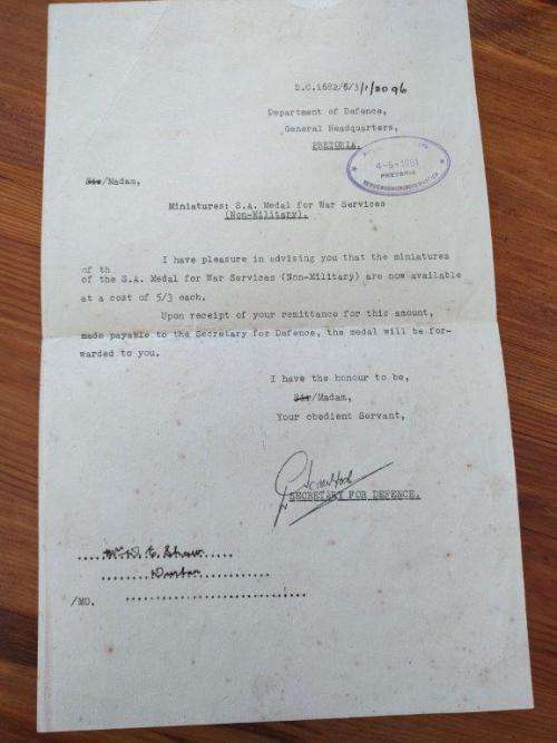 South African WWII War Services Medal with Certificate to Elanore Roberts