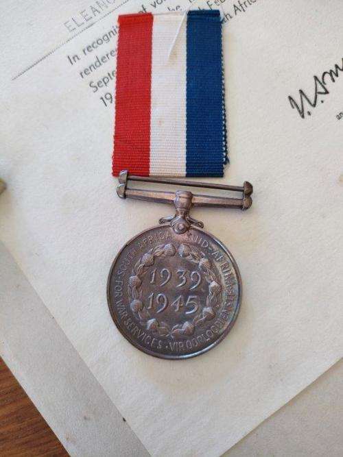 South African WWII War Services Medal with Certificate to Elanore Roberts