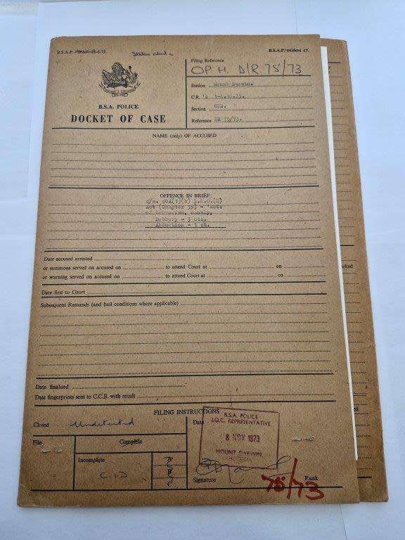 Original Rhodesian BSAP Docket for robbery and abduction at Lismore Farm store in Mount Darwin