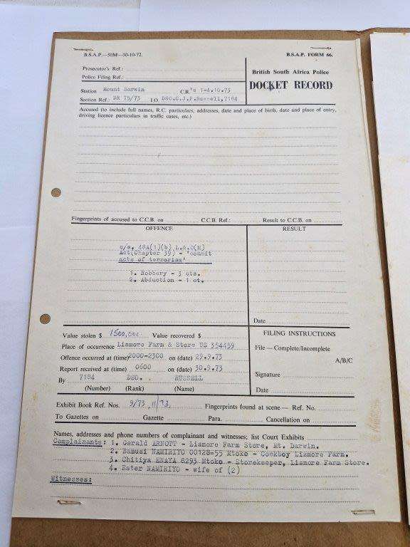 Original Rhodesian BSAP Docket for robbery and abduction at Lismore Farm store in Mount Darwin