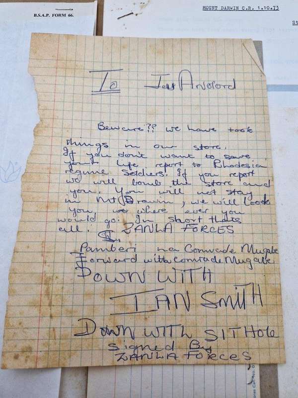 Original Rhodesian BSAP Docket for robbery and abduction at Lismore Farm store in Mount Darwin