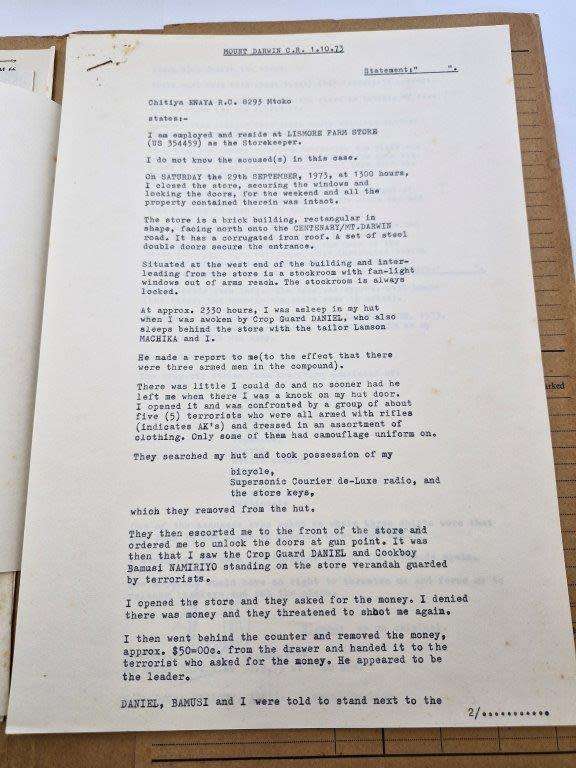 Original Rhodesian BSAP Docket for robbery and abduction at Lismore Farm store in Mount Darwin