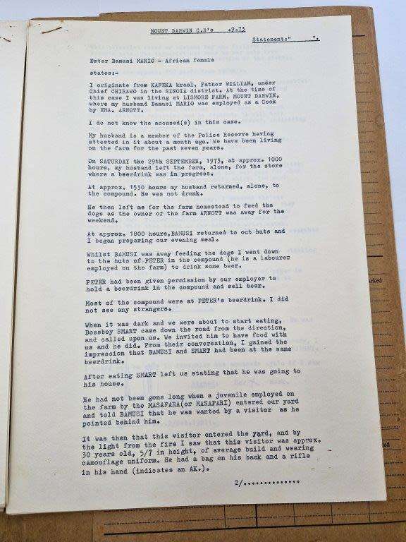 Original Rhodesian BSAP Docket for robbery and abduction at Lismore Farm store in Mount Darwin