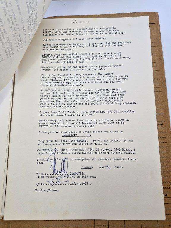 Original Rhodesian BSAP Docket for robbery and abduction at Lismore Farm store in Mount Darwin