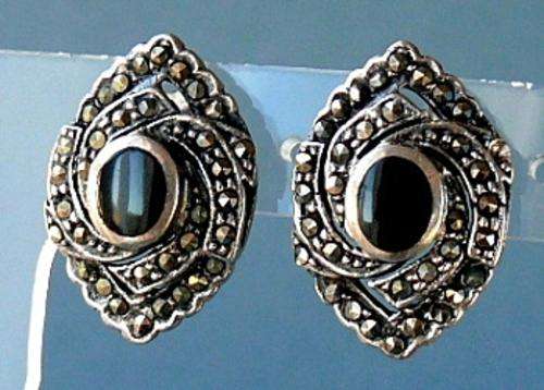 STERLING VINTAGE EARRINGS,ONYX & MARCASITE.BEAUTIFUL!