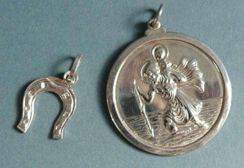 BIG ST CHRISTOPHER PENDANT AND LUCK HORSESHOE,STERLING SILVER.BEAUTIFUL
