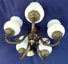 WOW! 5 ARM VINTAGE CHANDELIER WITH ORIGINAL WHITE GLASS SHADES. EXC. CONDITION