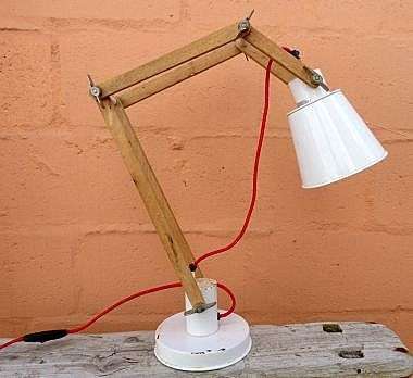 VINTAGE DESK LAMP WITH WOODEN ARMS, ADJUSTABLE AND IN WORKING CONDITION