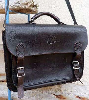 GENUINE STURDY LEATHER SATCHEL, BLACK. "ORIGINAL MOZEY HANDSTICHING"