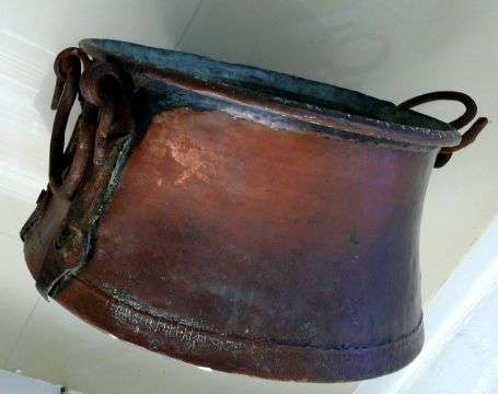 ANTIQUE COPPER CAULDRON WITH WROUGHT IRON HANDLES