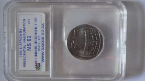 S.A.N.G.S. GRADED MS 62 HIGH GRADE 1994 INNAUGURATION R5 COIN AT R1 START