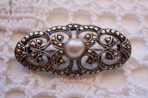 Marcasite & Pearl Silver Brooch