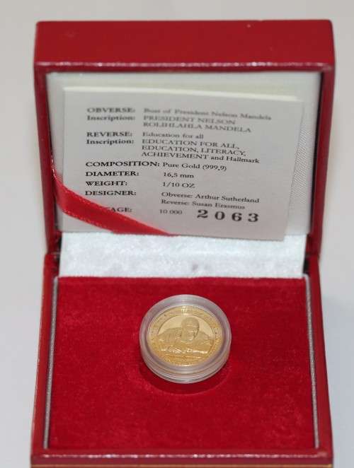 1995 FNB Mandela - Education For All 1/10th 24ct Gold in SA Mint Box with COA