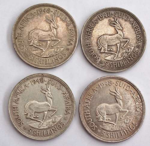 x4 SA Union 5 Shillings 1948 **80% Silver** Bid per Coin to take All