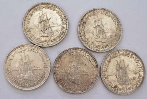 x5 SA Union 5 Shillings/Crowns (1952) - 50% Silver **Bid per coin to take All**