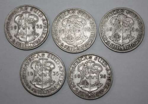 x5 SA Union 2 Shillings (1932-1936) Bid per Coin to take All