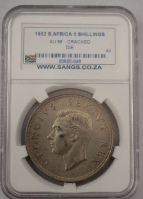 1952 SA Crown / 5 Shillings SANGS Graded AU 58 - Cracked Die