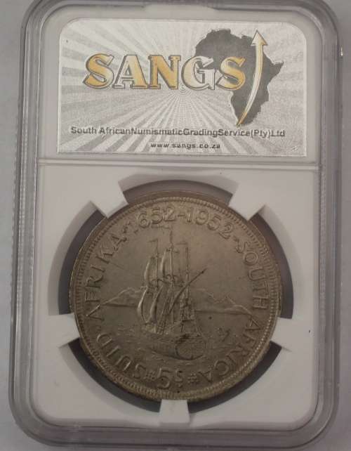 1952 SA Crown / 5 Shillings SANGS Graded AU 58 - Cracked Die