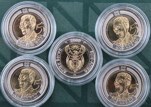 X5 Mandela 90th Birthday R5 Uncirculated and Encapsulated. One bid for all five coins