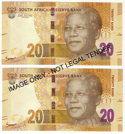 x2 Gill Marcus R20 Mandela Notes AA Prefix - Uncirculated in Sequence **Bid per Note to take both**