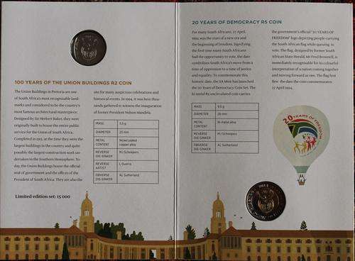 2014 SA Mint Combo Folder with R5 Unc (20yr Democracy) and R2 Unc (100yr Union Building Anniversary)