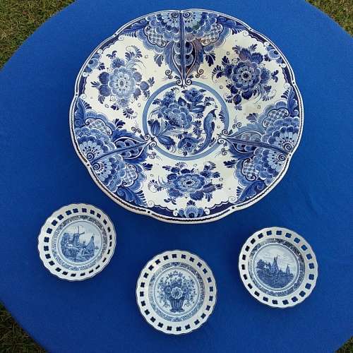 1 large `Delfts Blauw` hand painted fruit bowl and 3 small Delft plates. Please read description.