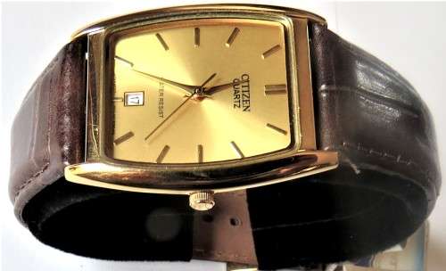 CITIZEN GENTS GOLD DATE WATCH WITH LEATHER STRAP