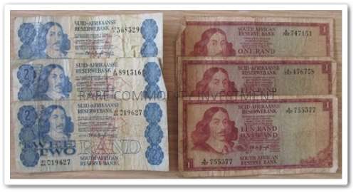 ** GREAT ** ONE & TWO RAND BANK NOTE - TW DE JONGH - 3 OF EACH -  ONE LOT !! STARTING @ R1
