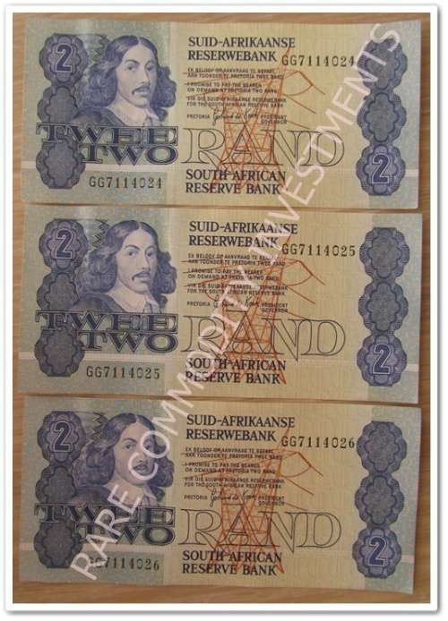 ** G DE KOCK ** TWO RAND BANK NOTE - EF/AU (X3) IN SERIES !! STARTING @ R1