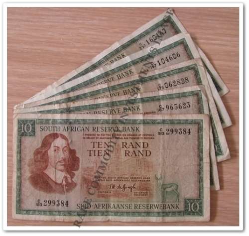 ** TW DE JONGH ** TEN RAND BANK NOTES (X5) ONE LOT !! STARTING @ R1
